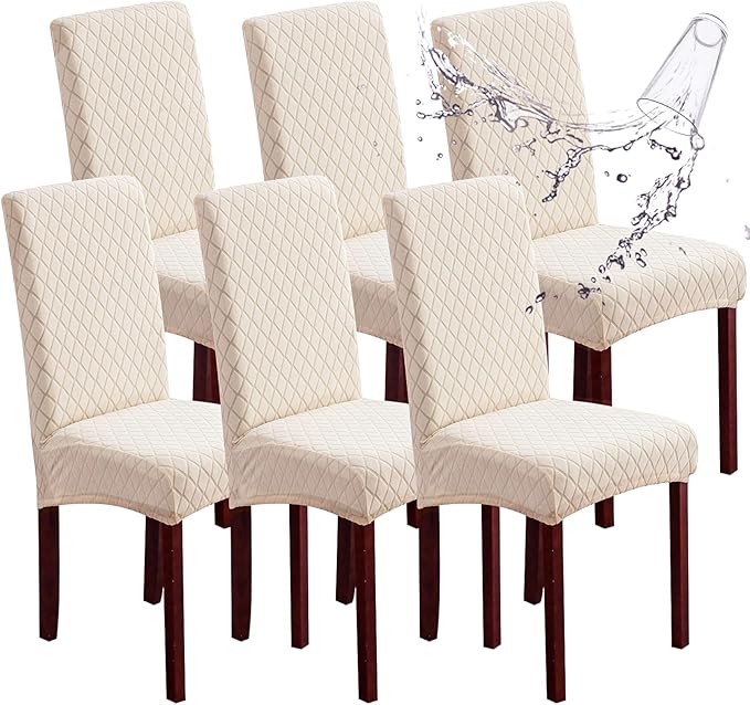 Genina 100% Waterproof Chair Covers for Dining Room Set of 6, Large Dining Room Chair Covers Protectors Stretch Kitchen Parson Chair Slipcovers for Home, Restaurant (Large, Argyle-Beige)
