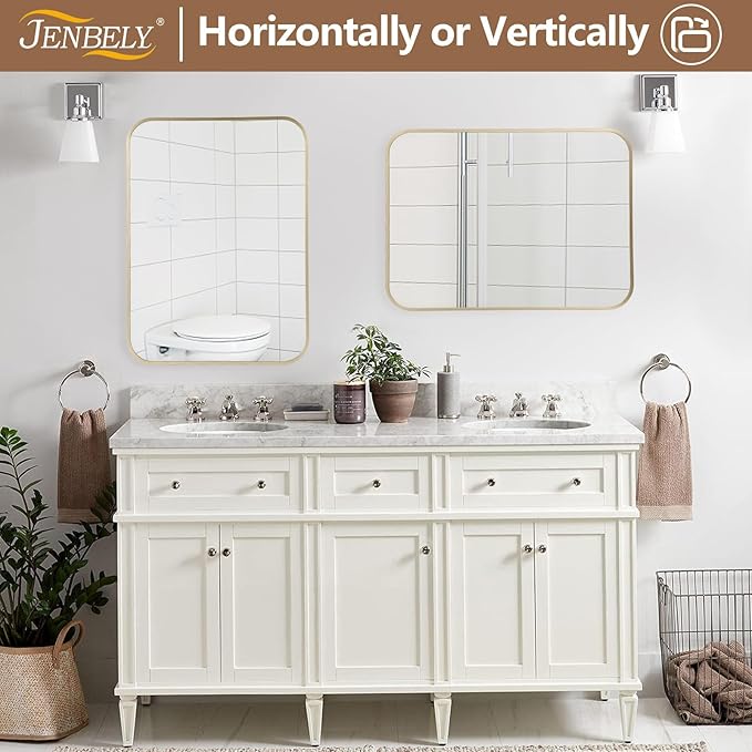 Gold Mirror, 40x30 Inch Framed Rectangle Mirror with Rounded Corner, Brushed Brass Mirror, Gold Bathroom Mirror for Over Sink, Vanity, Living Room, Bedroom, Horizontal/Vertical