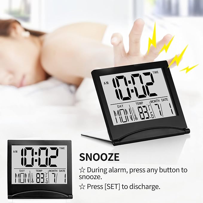 Betus Digital Travel Alarm Clock ?€? Foldable Calendar, Temperature & Timer with Snooze ?€? Large Number Display, Battery Operated ?€? Compact Desk Clock for Home & Office (Black)
