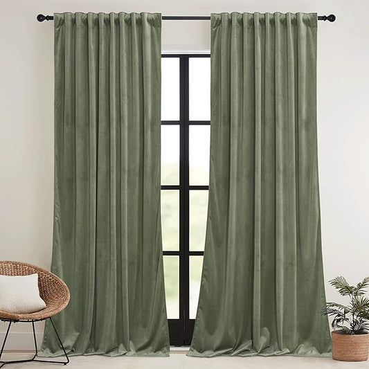 RYB HOME Sage Green Velvet Curtains with Hook Tape, Thermal Insulated Privacy Protect Decorative Drapes for Bedroom Dining Room, W 62 x L 96 inches, 2 Panels Set