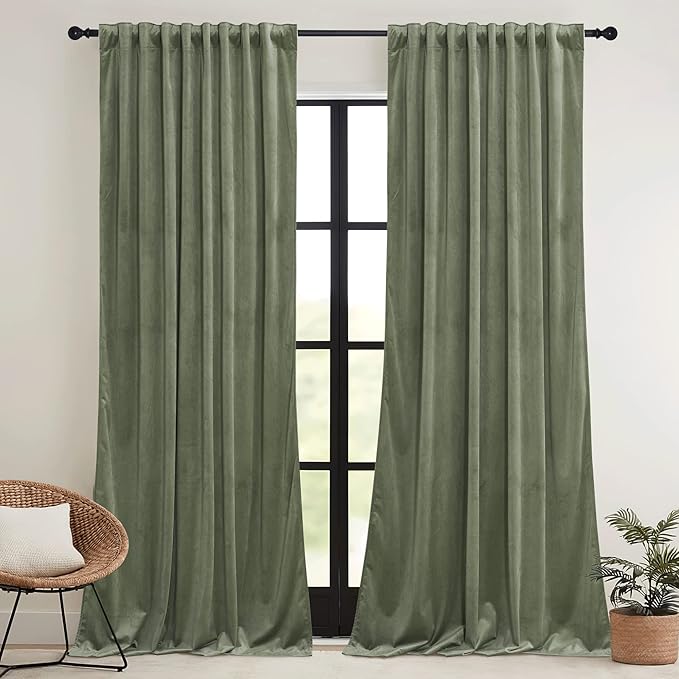 RYB HOME Sage Green Velvet Curtains 84 inches, Room Darkening Super Soft Velvet Drapes with Pleat Tape for Living Room, Thermal Insulated Window Treatment for Bedroom, W52 x L84 inch, 2 Panels