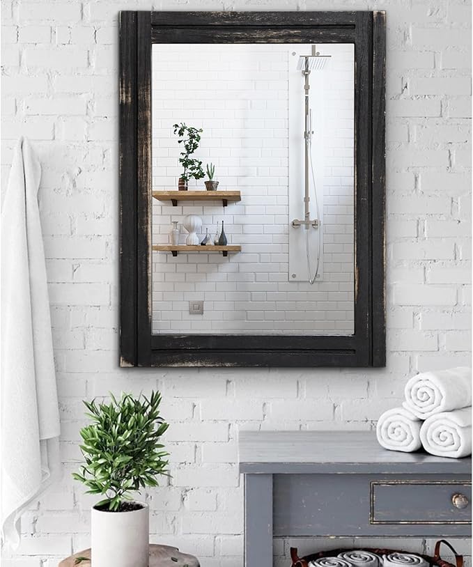 AAZZKANG Wall Mounted Mirror Small Rectangular Retro Mirrors with Wood Frame for Bedroom Living Room Bathroom Entryway Large 26"x18"
