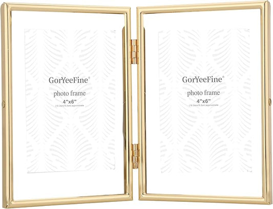 Gold 5x7 Double Floating Frame for Photo Sizes(3.5x5'',4x6''),Classy Metal Rounded Edge Frame Adjustable Tabletop/Shelf Photo Frame,for Wedding,Christmas,Birthady,Home or Office Decor.