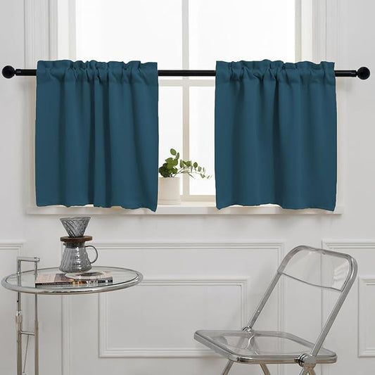 Pickluc Cafe Curtain (Half Window Curtain) 24 Inches Length, Rod Pocket Kitchen Curtain, Short Blackout Curtain for Small Window, 30" Wide and 24" Long, 2 Panels, Bluestone