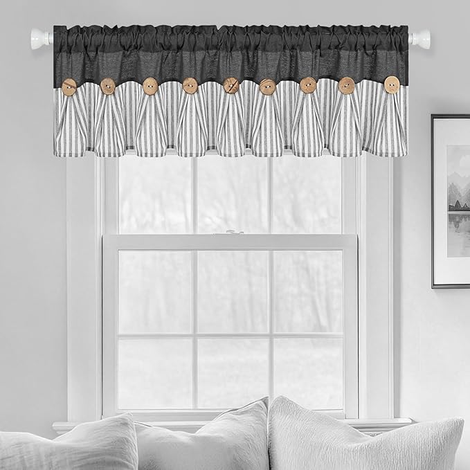 ASPMIZ Farmhouse Cotton Linen Valances for Windows, Boho Kitchen Curtains Valances with Rustic Button, Black Striped Valance Window Topper Treatment Tiers, Window Valances for Bathroom, 60 x 14 Inch