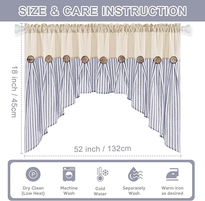 ASPMIZ Farmhouse Cotton Linen Swag Valances for Windows, Boho Kitchen Curtains Valances with Rustic Buttons, Blue Striped Window Treatments Curtain Valance for Bathroom Cafe, 61 x 36 Inch, 1 Panel