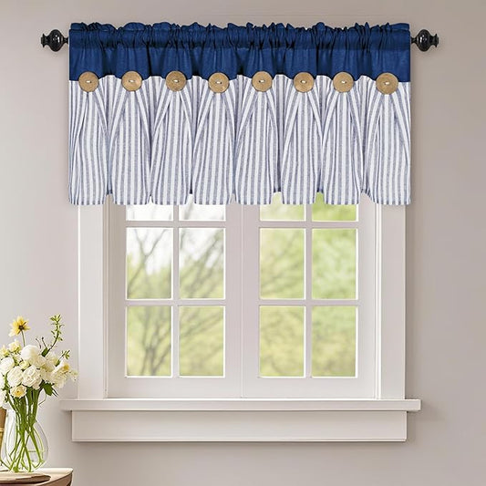 ASPMIZ Cotton Linen Kitchen Valance Curtains, Boho Rustic Button Valances for Windows Farmhouse Style, Blue Striped Valance Window Topper Treatment Tiers, Window Valances for Bathroom, 52 x 18 Inch