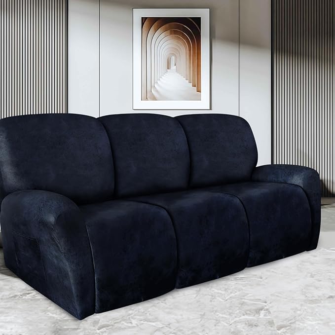 ANARACHON Recliner Couch Cover Leather Look Recliner Sofa Covers for 3 Cushion Reclining Sofa Slipcovers 8-Pieces Furniture Protector Spandex Fabric Washable (3 Seater, 02 Navy)