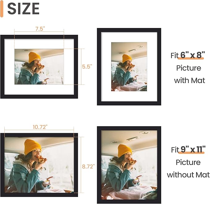 upsimples 9x11 Picture Frame, Display Pictures 6x8 with Mat or 9x11 Without, Wall Hanging Photo Frame, Black, 1 Pack