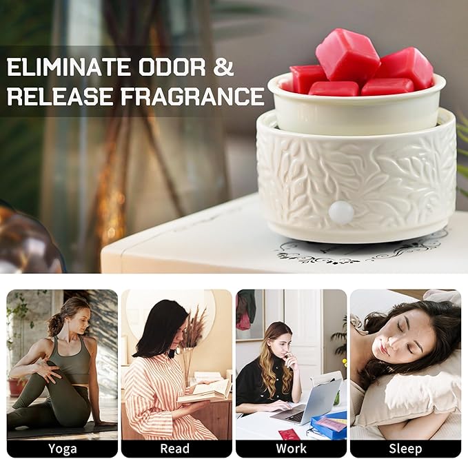 ElusiaKa Electric Wax Melt Warmer with Timer & Silicone Liner, 3-in-1 Ceramic Scented Wax Burner for Home Aromatherapy, Fast Melting Fragrance Warmer for Essential Oils & Wax Cups, Flame for Women