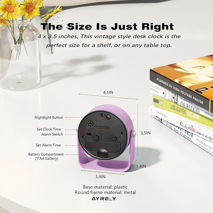 AYRELY?? 3.5 Inch Small Analog Alarm Clocks,Battery Operated Desk Clock,Cute Table Clock with Light???Adjustable Angle for Travel,Bedside,Bedroom,Kids,Living Room Decor (Purple)