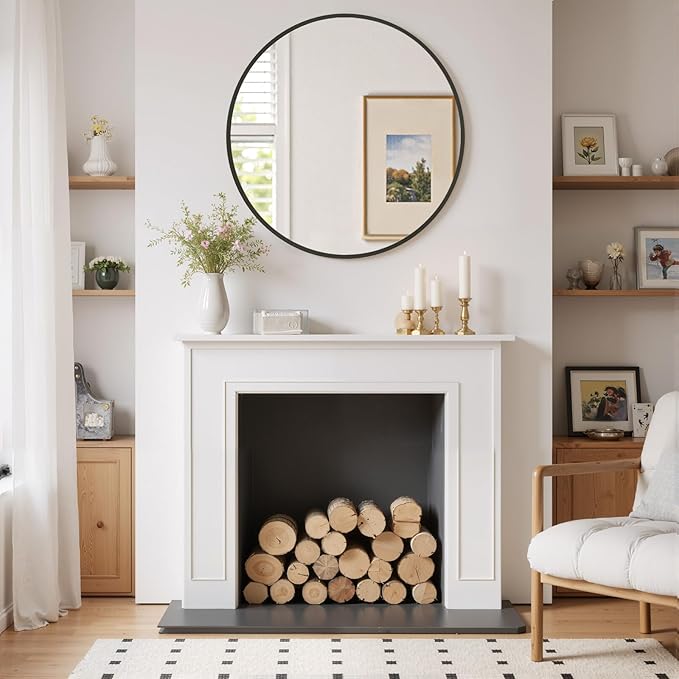 Round Wall Mirror 20 Inch Black Vanity Mirror with Metal Frame, Modern Circle for Bathroom, Entryway, Bedroom, Living Room, Wall Mounted Decorative Mirrors
