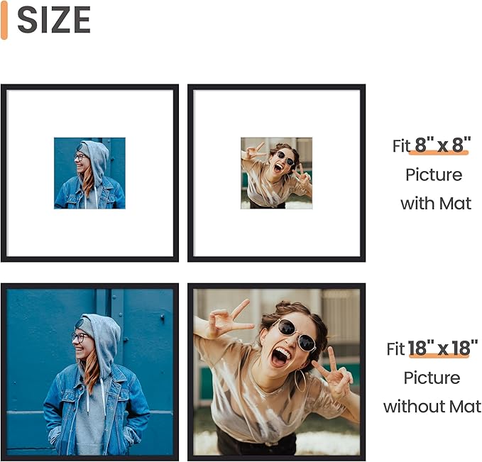 upsimples 18x18 Picture Frame, Display Pictures 8x8 with Mat or 18 x 18 Without, Wall Hanging Square Frames, Black, 1 Pack