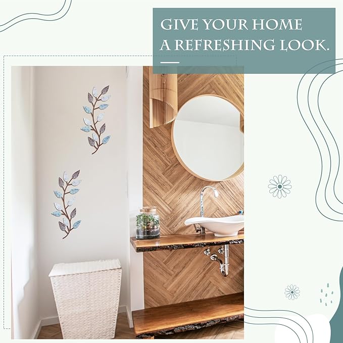 Zhengmy 2 Pieces Metal Tree Leaf Wall Decor Vine Olive Branch Leaf Wall Art Living Room, Hallway Wall Decor Outdoor Decoration(Blue Brown Colors)