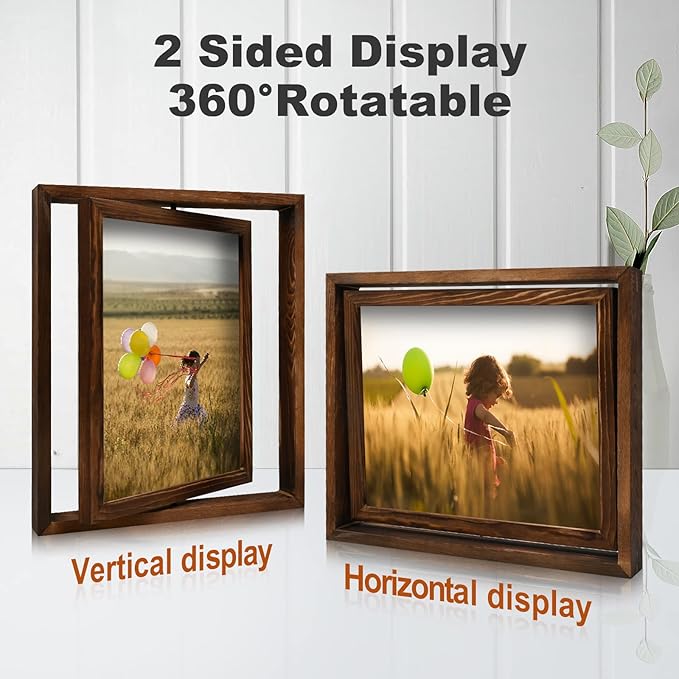 Egofine 2 Pack 8x10 Rotating Floating Picture Frames,Double-Sided Display with HD Glass Front Wooden Distressed Frame for Vertical or Horizontal Tabletop Display, Carbonization