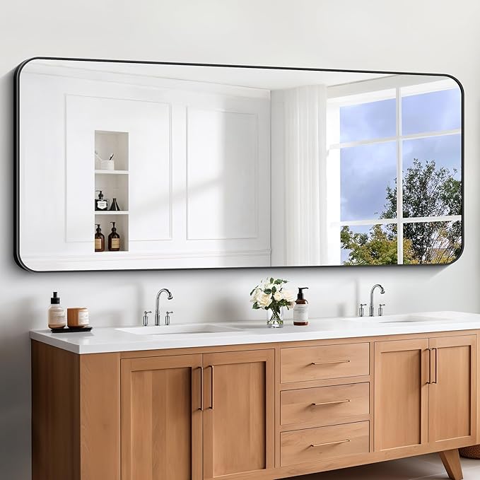 Large Bathroom Mirror, 72x30 inch Black Metal Frame Rectangular Vanity Mirror, Rounded Corner Wall Mounted Rectangle Mirrors for Bedroom Living Room Hangs Horizontal Or Vertical