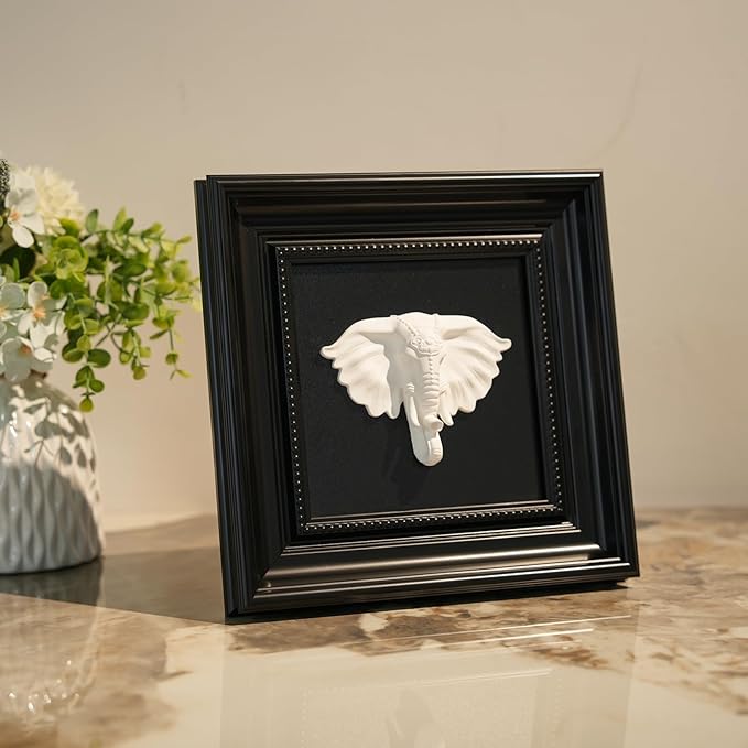 FOLKOR LIFE Animal Head Wall Sculpture Black and White Framed Art for Home Vintage Decor, Classic Elephant Head Statue Hanging Wall Plaque for Modern, Farmhouse, Living Room, Bedroom Decoration