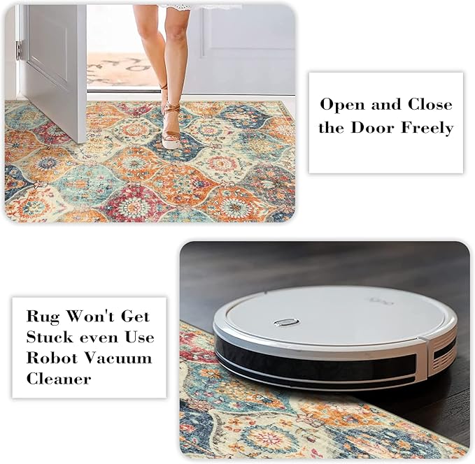 Lahome Moroccan Trellis Washable Round Rugs, Non-Slip Soft Round Rug 4ft Ultra-Thin, Small Vintage Circle Carpet for Entryway Kitchen Bedroom Nursery Bathroom Elise, Cream/Multi