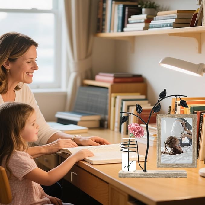 AKAZA 4x6 Picture Frames Family Desk Office Rustic Photo Frame, Water Plants Flowers Floating Double Glass Vase Tabletop Standing Home Decor, Wedding Grandma Mother Mom Gift (Light Brown)