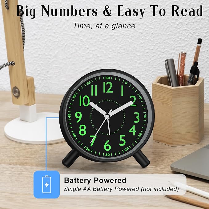 Analog Alarm Clock Night Ligh Battery Operated for Bedroom - Image 3