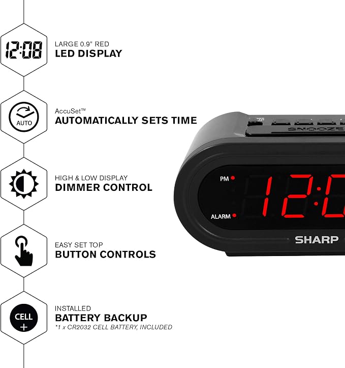 Sharp AccuSet Self-Setting Alarm Clock with Auto DST, Red LED - Image 2