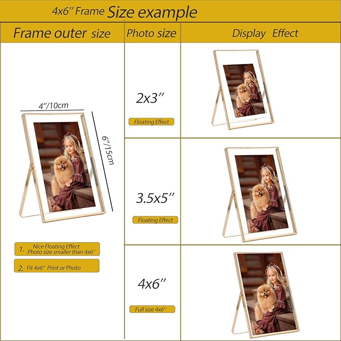 Gold 4x6 Double Floating Frame for Photo Sizes(2x3'',3.5x5''),Classy Metal Rounded Edge Frame Adjustable Tabletop/Shelf Photo Frame,for Wedding,Christmas,Birthady,Home or Office Decor.