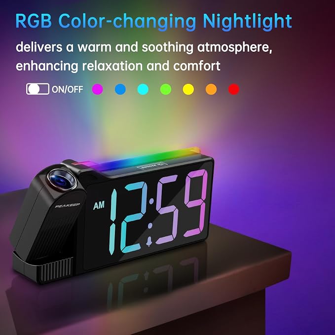 Peakeep Projection Alarm Clock for Bedroom Ceiling with Colorful Nightlight - Image 5