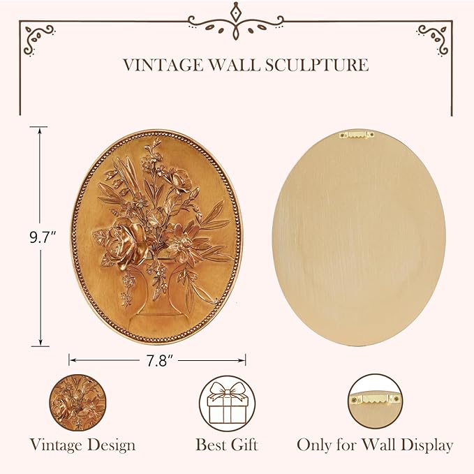 SIKOO Vintage Wall Sculptures Gold Flower Wall Art Hand Painted Ornate Wall Hanging Decoration Antique Pediment Wall Statue Ornament Decor Gallery for Kitchen Bedroom Living Room,Gold