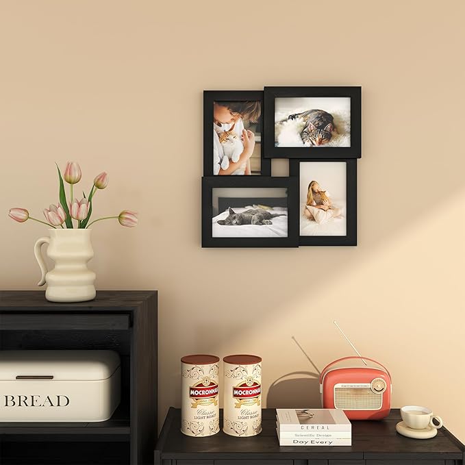 Egofine 4x6 Collage Picture Frames, Made of Solid Wood, Family Picture Frame Display Four 4x6 Photos, Covered by Plexiglass for Wall Hanging and Tabletop, Black