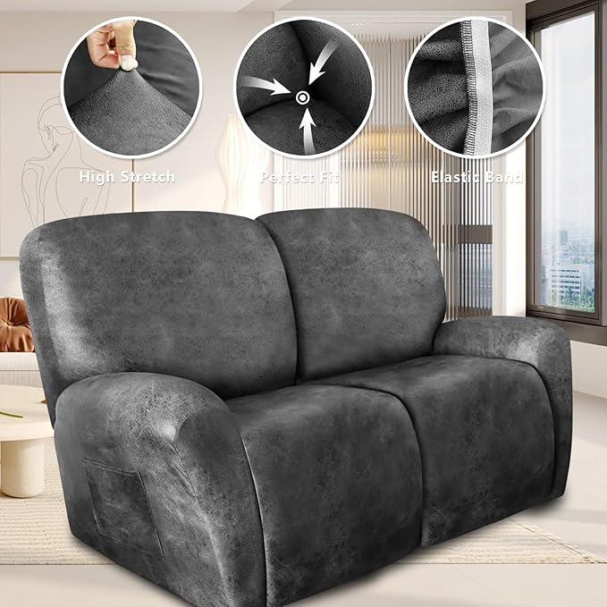 ANARACHON Loveseat Recliner Cover Leather Look Recliner Loveseat Covers Recliner Sofa Cover for 2 Seater Reclining Couch Spandex Fabric Washable 6 Pieces (2 Seater, 02 Light Grey)