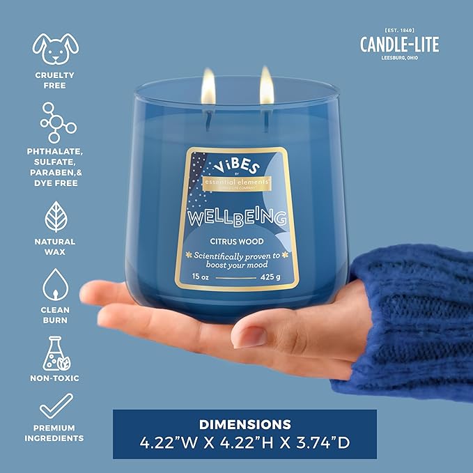 Candle-Lite Vibes Citrus Wood Mood-Enhancing Scented Candles, 15 oz Jar, Aromatherapy, Proudly Poured in The USA, 2-Wick, 86 Hours Burn Time, Perfect Relaxation Gift