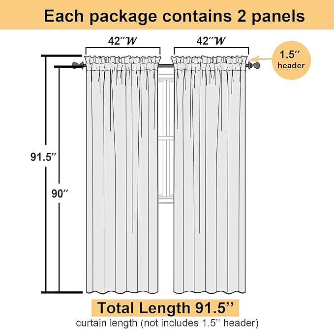 Lecloud Yellow Sheer Curtains 90 Inches Long 2 Panels, Gauzy Light Filtering Breathable Curtain, Solid Voile Home Decor Drapes with Dual Rod Pocket for Living Room Bedroom, Each 42" W x 90" L