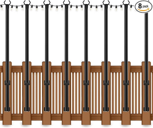 8 Pack String Light Poles for Deck,5 Ft String Light Poles for Outside with Fixing Clips,Metal Poles for Outdoor String Lights, Hanging Light Poles for Fence Garden Backyard Wall Bistro (8 PACK)