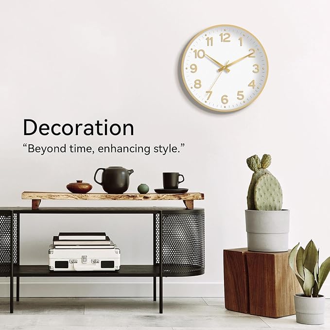 Wall Clock 12 Inch Silent Wall Clocks Battery Operated-Modern Non Ticking Analog Clock Decorative for Kitchen Bedroom Office (White Gold)