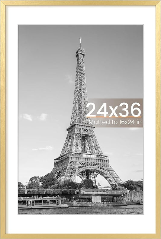 upsimples 24x36 Poster Frame, Display Pictures 20x30 with Mat or 24x36 Without Mat, Wall Hanging Picture Frame, Gold, 1 Pack