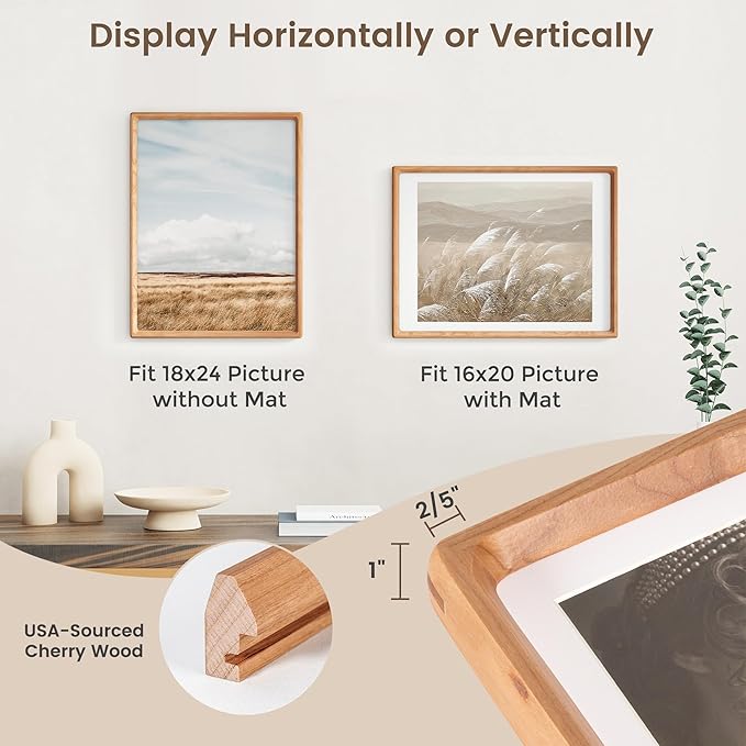 18 x 24 Poster Frame, USA-Sourced Cherry Wood Picture Frame with HD Tempered Glass, Handcrafted Rounded Corner 18x24 Wooden Frames Matted to 16x20 Photos, Horizontal or Vertical Wall Display