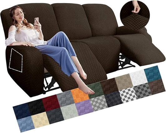 YEMYHOM 8 Pieces Stretch Recliner Sofa Cover Latest Jacquard Reclining Couch Cover with Side Pocket Anti-Slip Fitted 3 Cushion Furniture Slipcovers with Elastic Bottom (Sofa Recliner, Dark Coffee)
