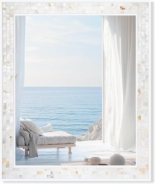 Tanmicoshomy 30 x 36 Inch White Bathroom Mirror, Natural Shell Framed Rectangle Mirrors with Tempered for Bathroom Bedroom, Living Room, Wall Mounted Horizontal or Vertical Hanging