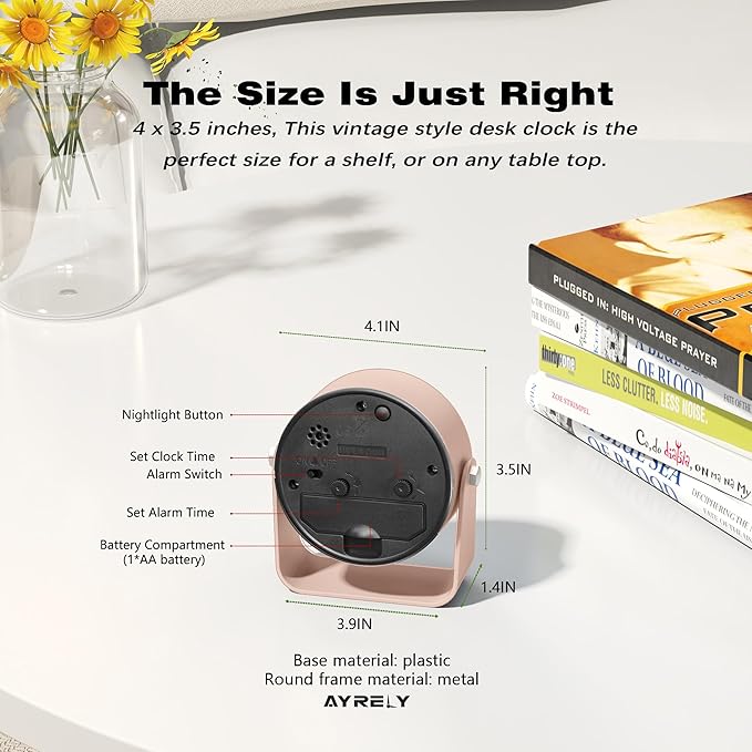 AYRELY® 3.5 Inch Small Analog Alarm Clocks,Battery Operated Desk Clock,Cute Table Clock with Light，Adjustable Angle for Travel,Bedside,Bedroom,Kids,Living Room Decor (Pink)