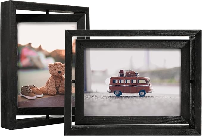 Egofine 2 Pack 5x7 Rotating Floating Picture Frames,Double-Sided Display with HD Glass Front Wooden Distressed Frame for Vertical or Horizontal Tabletop Display, Black