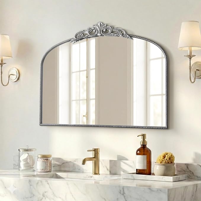 Micasso Vintage Baroque Silver Mirror: 29" x 36" French Vintage Mirror - Traditional Ornate Decorative Arched Mirrors for Wall/Bathroom/Entryway/Fireplace/Hallway - Home Decor for Living Room