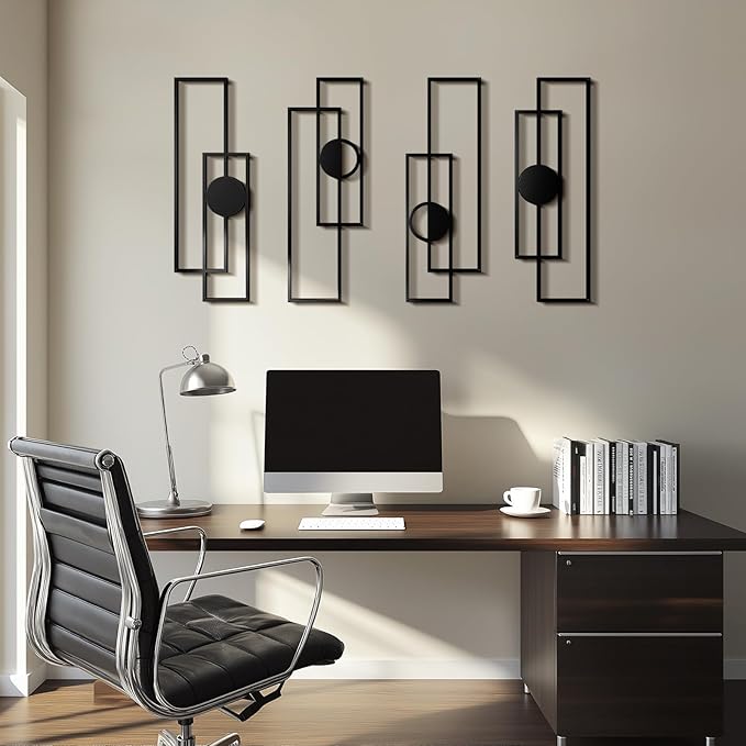 Abstract Black Metal Wall Art for Living Room, 4 Pack Large Wall Sculptures Minimalist Modern 3D Textured Geometric Metal Wall Decor for Bedroom Bathroom Kitchen Study
