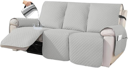 XINEAGE Water Resistant Recliner Cover, 3 seat Recliner Sofa Covers with Pockets, Quilted Thick Recliner Protector Cover for Dog Pets with Non Slip Backing and Strap (Recliner Sofa, Light Gray)
