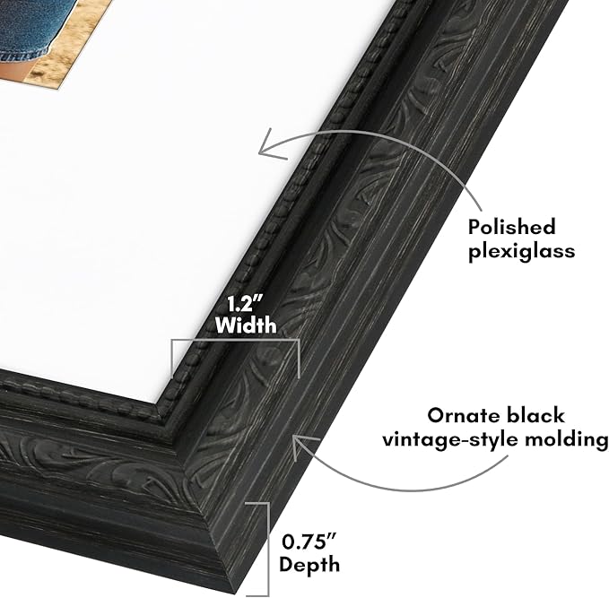 Americanflat 16x20 Picture Frame with Polished Plexiglass - Use as 11x14 Frame with Mat or Display 16x20 Photo Without Mat - Ornate Picture Frames for Wall Display - Black