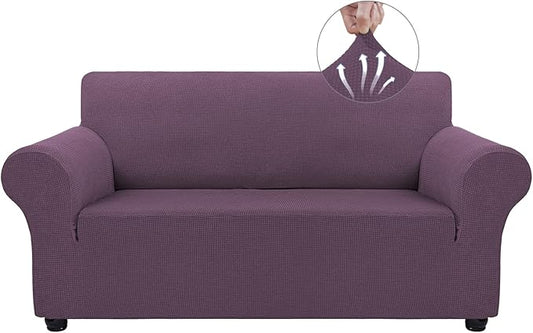 Asnomy Sofa Covers for 2 Cushion Couch Stretch loveseat Covers Slipcovers, Pet Protector Furniture Covers for Dogs Cats Spandex Jacquard Fabric Small Checks （Medium，Gray Purple）