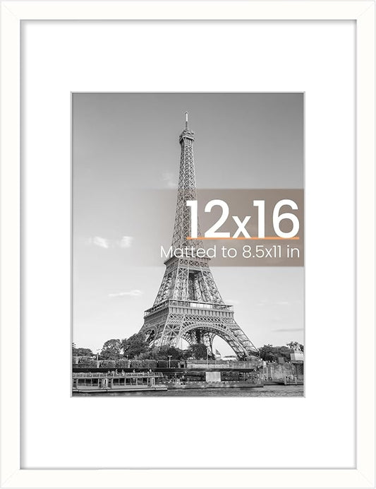 upsimples 12x16 Picture Frame, Display Pictures 8.5x11 with Mat or 12x16 Without Mat, Wall Hanging Photo Frame, White, 1 Pack