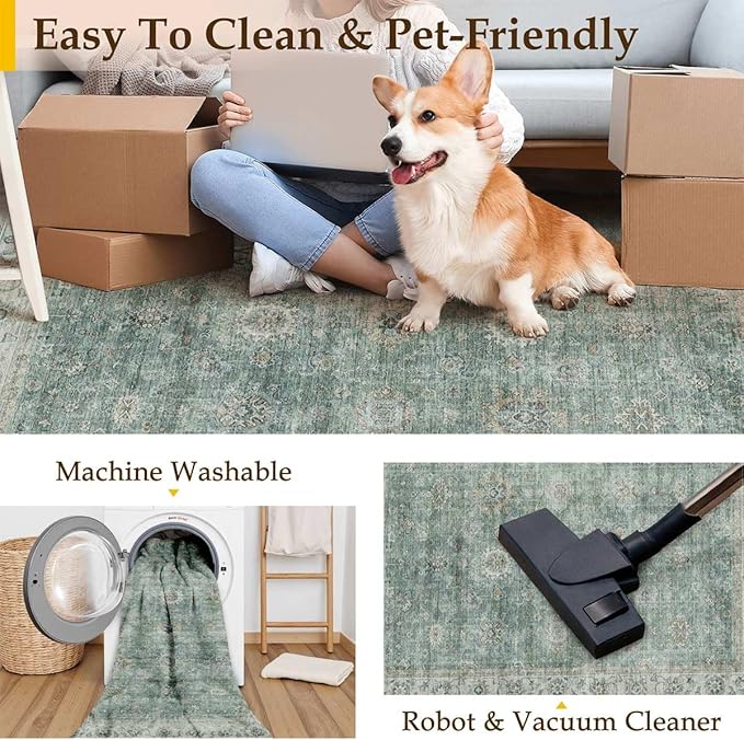 2x3 Washable Area Rug for Entryway Teal Blue Vintage Non-Slip Low Pile Distressed Rustic Carpet Door Mat Soft Small Throw Rug for Indoor Entrance Bathroom