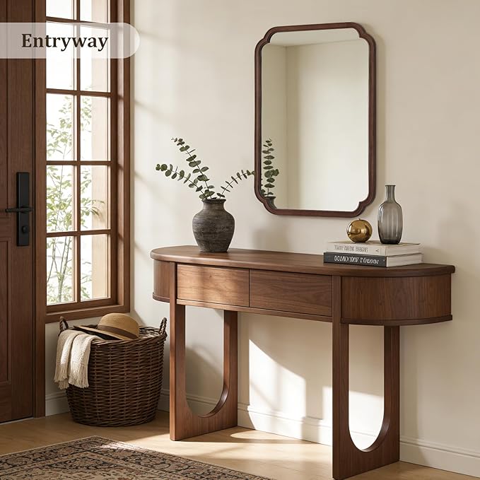 WallBeyond 28" x 40" Wood Bathroom Mirror for Wall Mounted, Rustic Rounded Corner Vanity Mirror for Entryway, Living Room or Bedroom Home Decorative [28" x 40" Walnut Color]