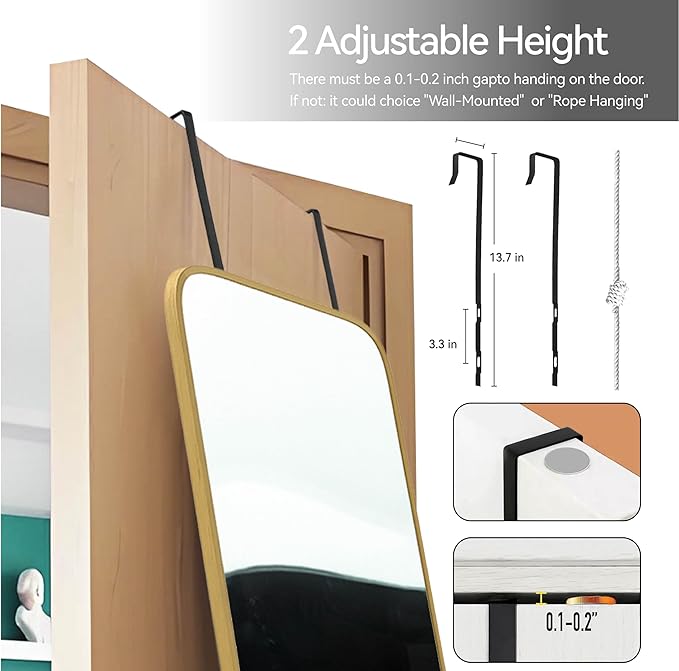 SCWF-GZ 57x20 Door Hanging Full Length Mirror, Floor Stand (Height 5.7ft just Body in1.3ft) Wall Mounted Metal Frame Rectangle Dressing Mirrors for Bedroom Room 57 inch Gold