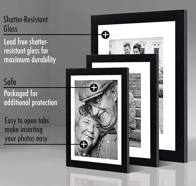 Americanflat Set of 7 Picture Frames with Shatter-Resistant Glass - Gallery Wall Frame Set with One 11x14, Two 8x10 and Four 5x7 Frames - Signature Collection - Black